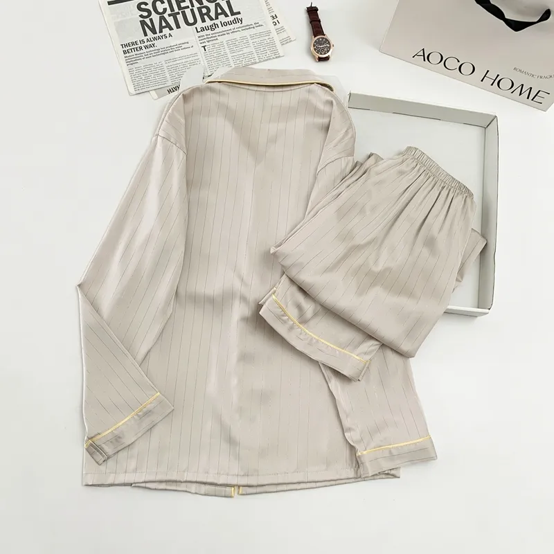 Ice Silk Long-Sleeve Long Pants Pajama Set, Vertical Stripes, Minimalist Old Money Style Loungewear, Apricot · Wholesale · OEM · Worldwide Shipping - View 3