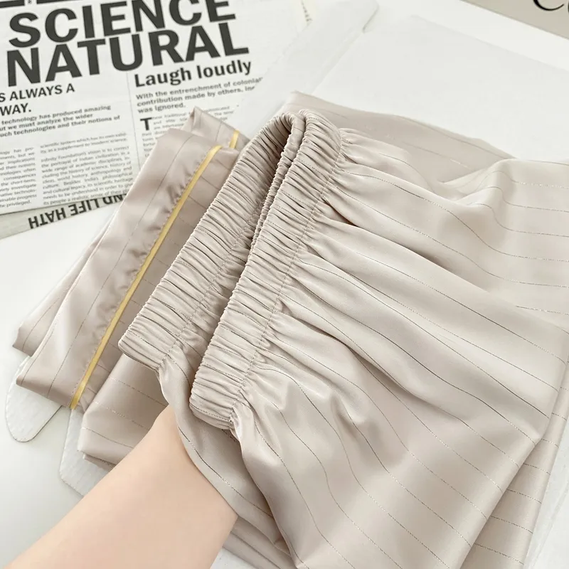 Ice Silk Long-Sleeve Long Pants Pajama Set, Vertical Stripes, Minimalist Old Money Style Loungewear, Apricot · Wholesale · OEM · Worldwide Shipping - Detail 8