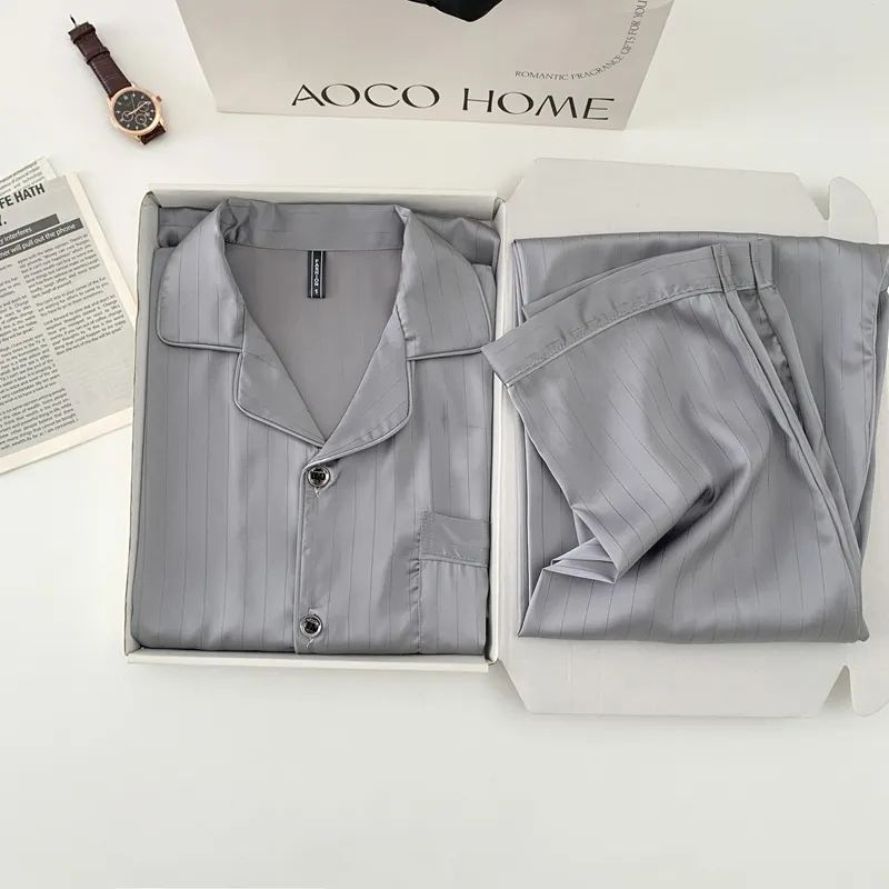 Ice Silk Long-Sleeve Long Pants Pajama Set, Light Gray Vertical Stripes, Minimalist Old Money Style Loungewear · Wholesale · OEM · Worldwide Shipping - Detail 3