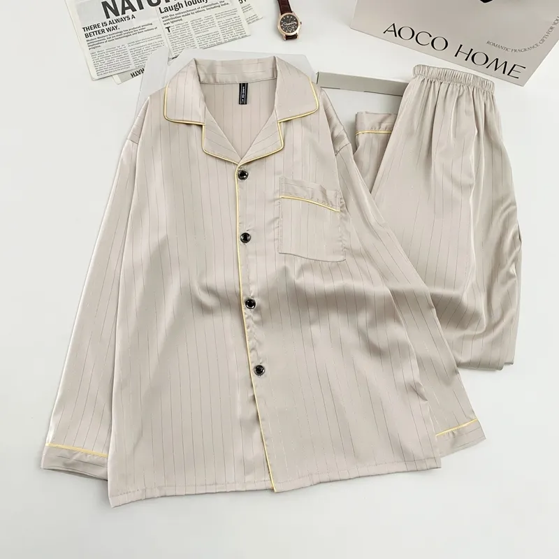 Ice Silk Long-Sleeve Long Pants Pajama Set, Vertical Stripes, Minimalist Old Money Style Loungewear, Apricot · Wholesale · OEM · Worldwide Shipping - View 1