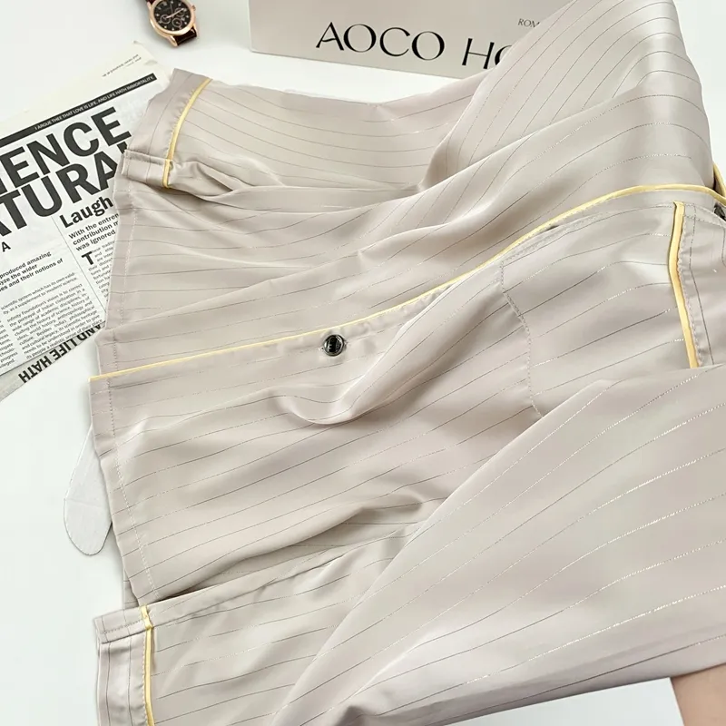 Ice Silk Long-Sleeve Long Pants Pajama Set, Vertical Stripes, Minimalist Old Money Style Loungewear, Apricot · Wholesale · OEM · Worldwide Shipping - Detail 10