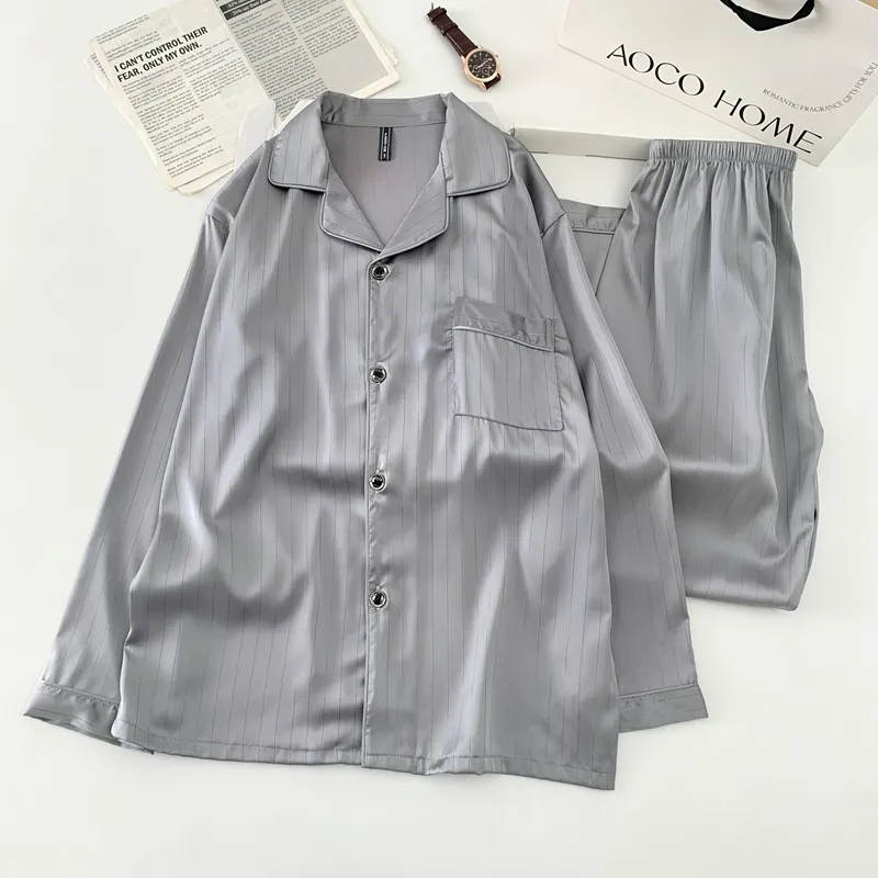Ice Silk Long-Sleeve Long Pants Pajama Set, Light Gray Vertical Stripes, Minimalist Old Money Style Loungewear · Wholesale · OEM · Worldwide Shipping