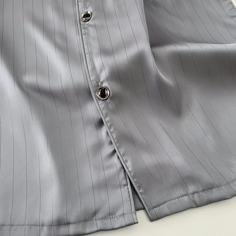 Ice Silk Long-Sleeve Long Pants Pajama Set, Light Gray Vertical Stripes, Minimalist Old Money Style Loungewear · Wholesale · OEM · Worldwide Shipping - Detail 7