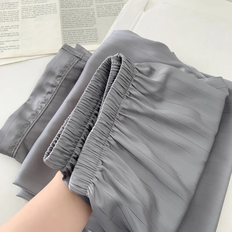 Men's Ice Silk Long-Sleeve Pajama Set, Summer Light Luxury Comfortable Striped Lapel Long Pants, 2-Piece Loungewear Wearable Outdoors · Wholesale · OEM · Worldwide Shipping - Detail 8
