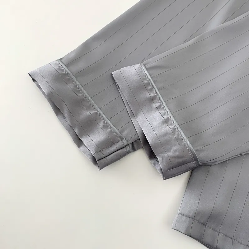 Men's Ice Silk Long-Sleeve Pajama Set, Summer Light Luxury Comfortable Striped Lapel Long Pants, 2-Piece Loungewear Wearable Outdoors · Wholesale · OEM · Worldwide Shipping - Detail 11