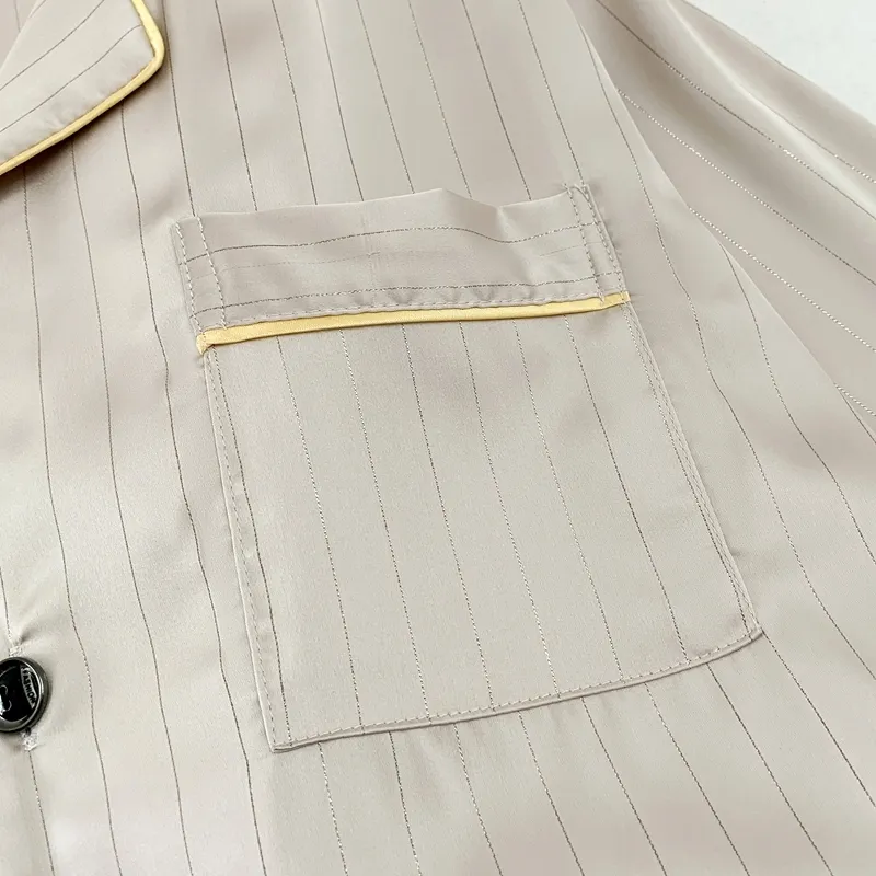 Ice Silk Long-Sleeve Long Pants Pajama Set, Vertical Stripes, Minimalist Old Money Style Loungewear, Apricot · Wholesale · OEM · Worldwide Shipping - Detail 5