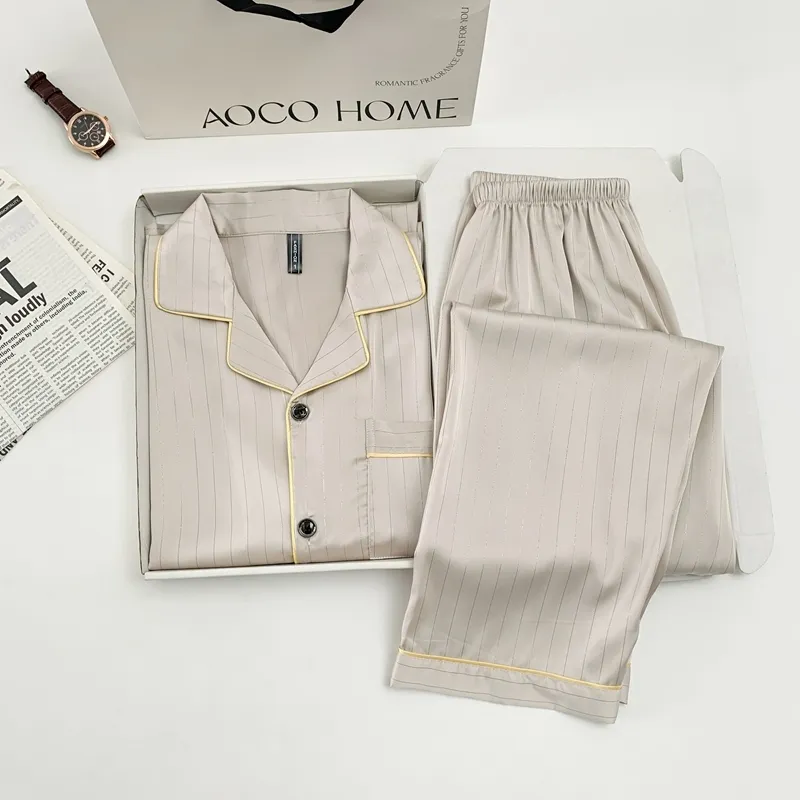 Ice Silk Long-Sleeve Long Pants Pajama Set, Vertical Stripes, Minimalist Old Money Style Loungewear, Apricot · Wholesale · OEM · Worldwide Shipping - Detail 1