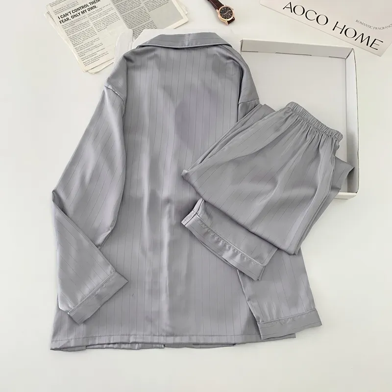 Ice Silk Long-Sleeve Long Pants Pajama Set, Light Gray Vertical Stripes, Minimalist Old Money Style Loungewear · Wholesale · OEM · Worldwide Shipping - View 3