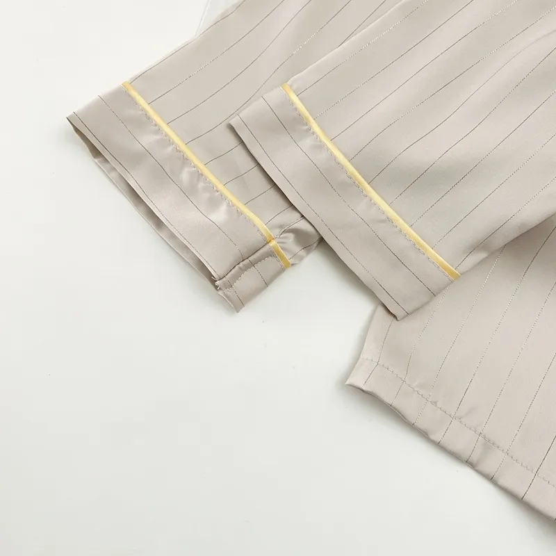 Ice Silk Long-Sleeve Long Pants Pajama Set, Vertical Stripes, Minimalist Old Money Style Loungewear, Apricot · Wholesale · OEM · Worldwide Shipping - Detail 11
