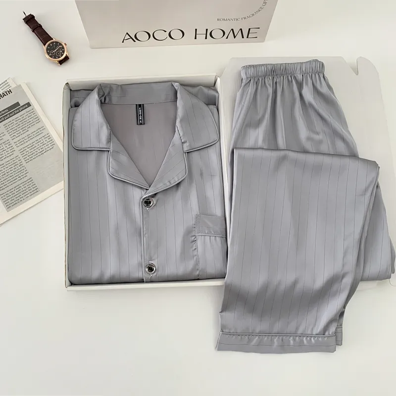 Men's Ice Silk Long-Sleeve Pajama Set, Summer Light Luxury Comfortable Striped Lapel Long Pants, 2-Piece Loungewear Wearable Outdoors · Wholesale · OEM · Worldwide Shipping - Detail 2