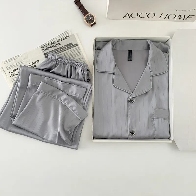 Ice Silk Long-Sleeve Long Pants Pajama Set, Light Gray Vertical Stripes, Minimalist Old Money Style Loungewear · Wholesale · OEM · Worldwide Shipping - Detail 2