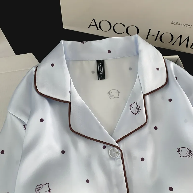 With Chest Pad Ice Silk Long Sleeve Pajamas Women Summer Light Luxury Sweet Cartoon Long Pants Two Piece Set Homewear Wearable Outside · Wholesale · OEM · Worldwide Shipping - Detail 1