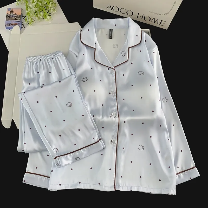 Ice Silk Double Long Nyaman Premium Piama Biru Polka Dot KT Cat Lucu Sederhana Pakaian Rumah · Grosir · OEM · Pengiriman Global - View 3