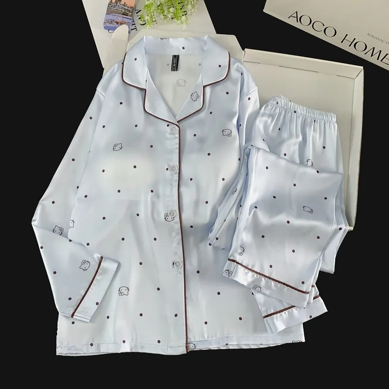 Ice Silk Double Long Nyaman Premium Piama Biru Polka Dot KT Cat Lucu Sederhana Pakaian Rumah · Grosir · OEM · Pengiriman Global - View 2