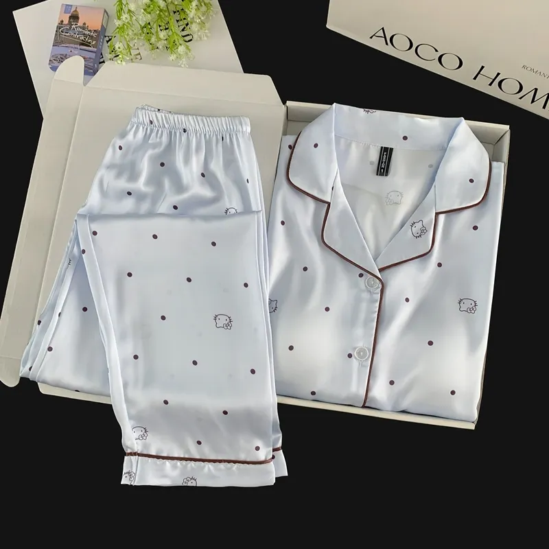 Ice Silk Double Long Nyaman Premium Piama Biru Polka Dot KT Cat Lucu Sederhana Pakaian Rumah · Grosir · OEM · Pengiriman Global - Detail 9