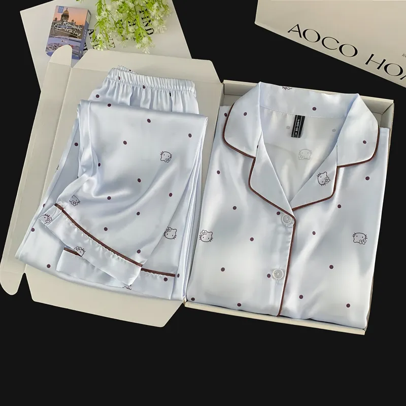With Chest Pad Ice Silk Long Sleeve Pajamas Women Summer Light Luxury Sweet Cartoon Long Pants Two Piece Set Homewear Wearable Outside · Wholesale · OEM · Worldwide Shipping - Detail 8