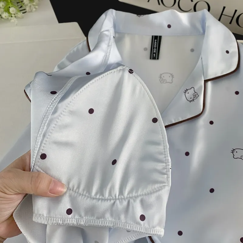 Ice Silk Double Long Nyaman Premium Piama Biru Polka Dot KT Cat Lucu Sederhana Pakaian Rumah · Grosir · OEM · Pengiriman Global - Detail 3
