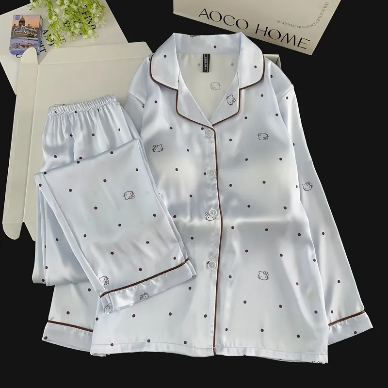 With Chest Pad Ice Silk Long Sleeve Pajamas Women Summer Light Luxury Sweet Cartoon Long Pants Two Piece Set Homewear Wearable Outside · Wholesale · OEM · Worldwide Shipping - View 3