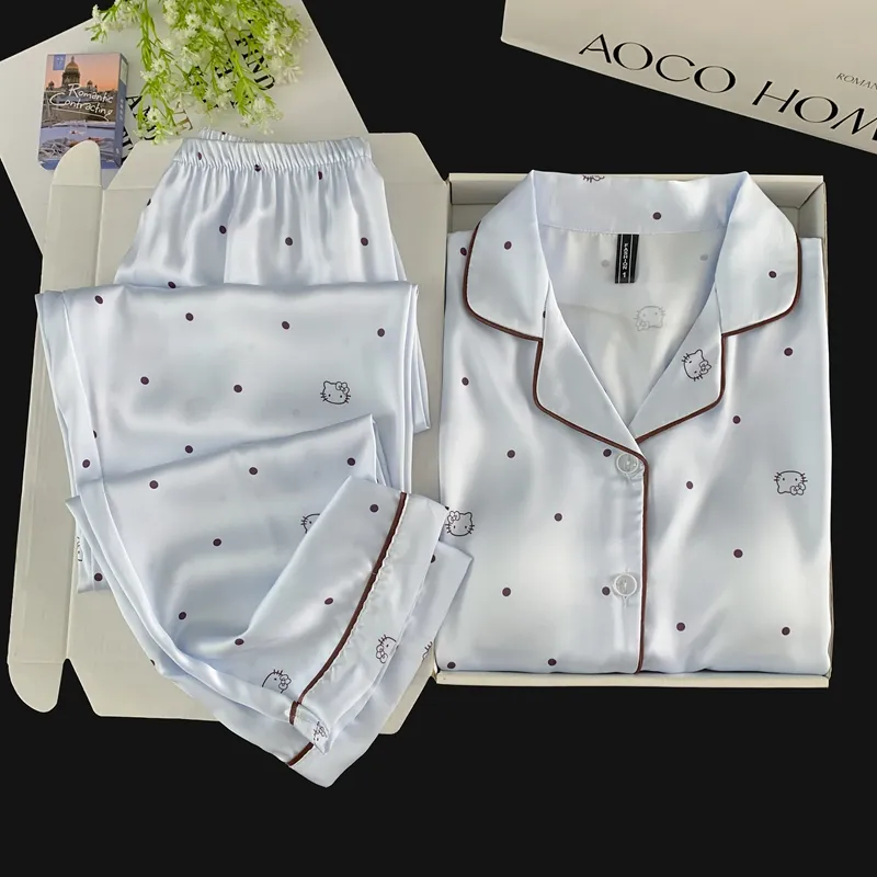 With Chest Pad Ice Silk Long Sleeve Pajamas Women Summer Light Luxury Sweet Cartoon Long Pants Two Piece Set Homewear Wearable Outside · Wholesale · OEM · Worldwide Shipping - Detail 11