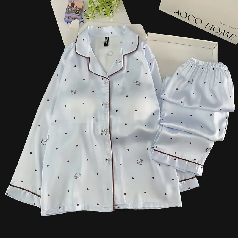 Ice Silk Double Long Nyaman Premium Piama Biru Polka Dot KT Cat Lucu Sederhana Pakaian Rumah · Grosir · OEM · Pengiriman Global