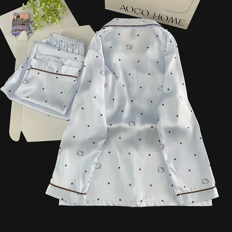 Ice Silk Double Long Nyaman Premium Piama Biru Polka Dot KT Cat Lucu Sederhana Pakaian Rumah · Grosir · OEM · Pengiriman Global - Detail 5