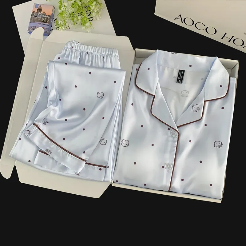 Ice Silk Double Long Nyaman Premium Piama Biru Polka Dot KT Cat Lucu Sederhana Pakaian Rumah · Grosir · OEM · Pengiriman Global - Detail 8
