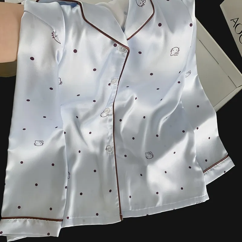 Ice Silk Double Long Nyaman Premium Piama Biru Polka Dot KT Cat Lucu Sederhana Pakaian Rumah · Grosir · OEM · Pengiriman Global - Detail 6