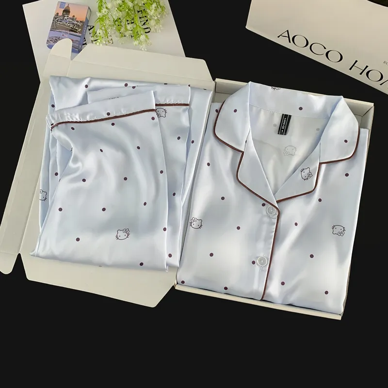 With Chest Pad Ice Silk Long Sleeve Pajamas Women Summer Light Luxury Sweet Cartoon Long Pants Two Piece Set Homewear Wearable Outside · Wholesale · OEM · Worldwide Shipping - Detail 7
