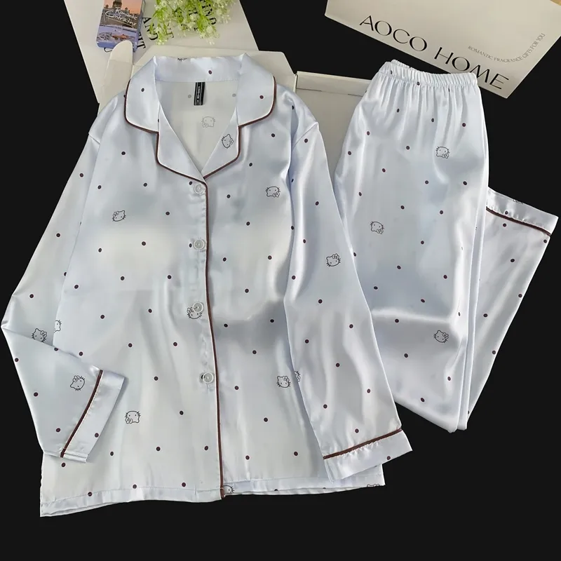 Ice Silk Double Long Nyaman Premium Piama Biru Polka Dot KT Cat Lucu Sederhana Pakaian Rumah · Grosir · OEM · Pengiriman Global - View 1