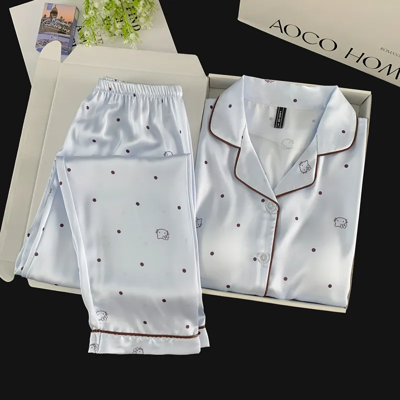 With Chest Pad Ice Silk Long Sleeve Pajamas Women Summer Light Luxury Sweet Cartoon Long Pants Two Piece Set Homewear Wearable Outside · Wholesale · OEM · Worldwide Shipping - Detail 9