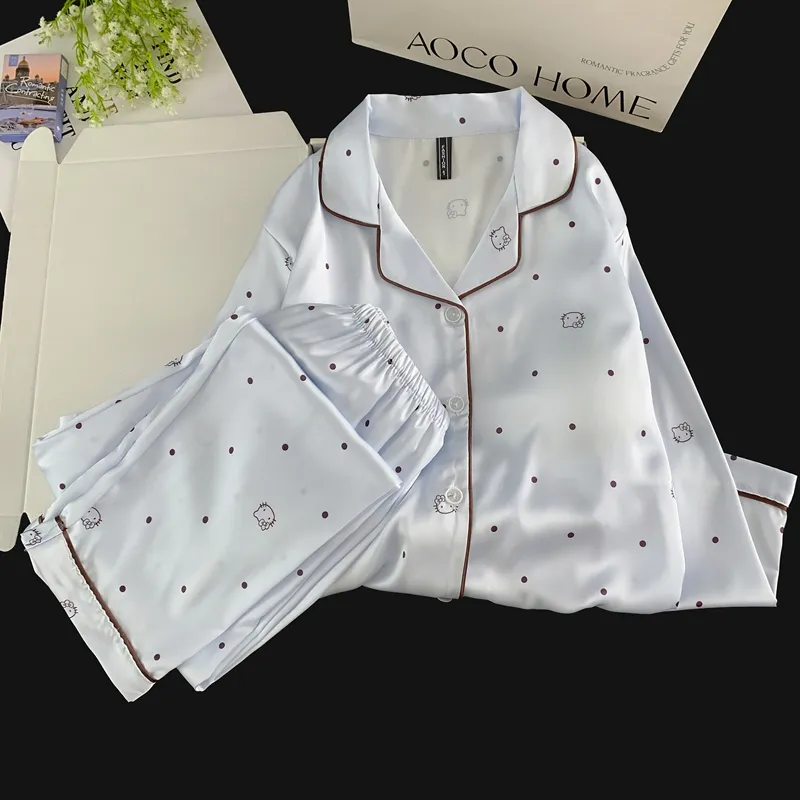 With Chest Pad Ice Silk Long Sleeve Pajamas Women Summer Light Luxury Sweet Cartoon Long Pants Two Piece Set Homewear Wearable Outside · Wholesale · OEM · Worldwide Shipping - Detail 5