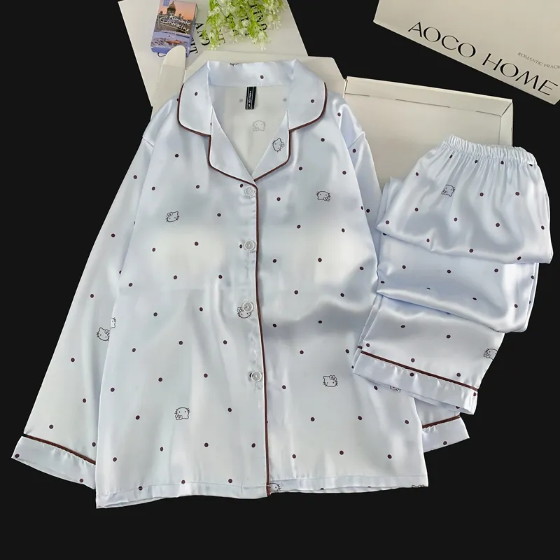 With Chest Pad Ice Silk Long Sleeve Pajamas Women Summer Light Luxury Sweet Cartoon Long Pants Two Piece Set Homewear Wearable Outside · Wholesale · OEM · Worldwide Shipping