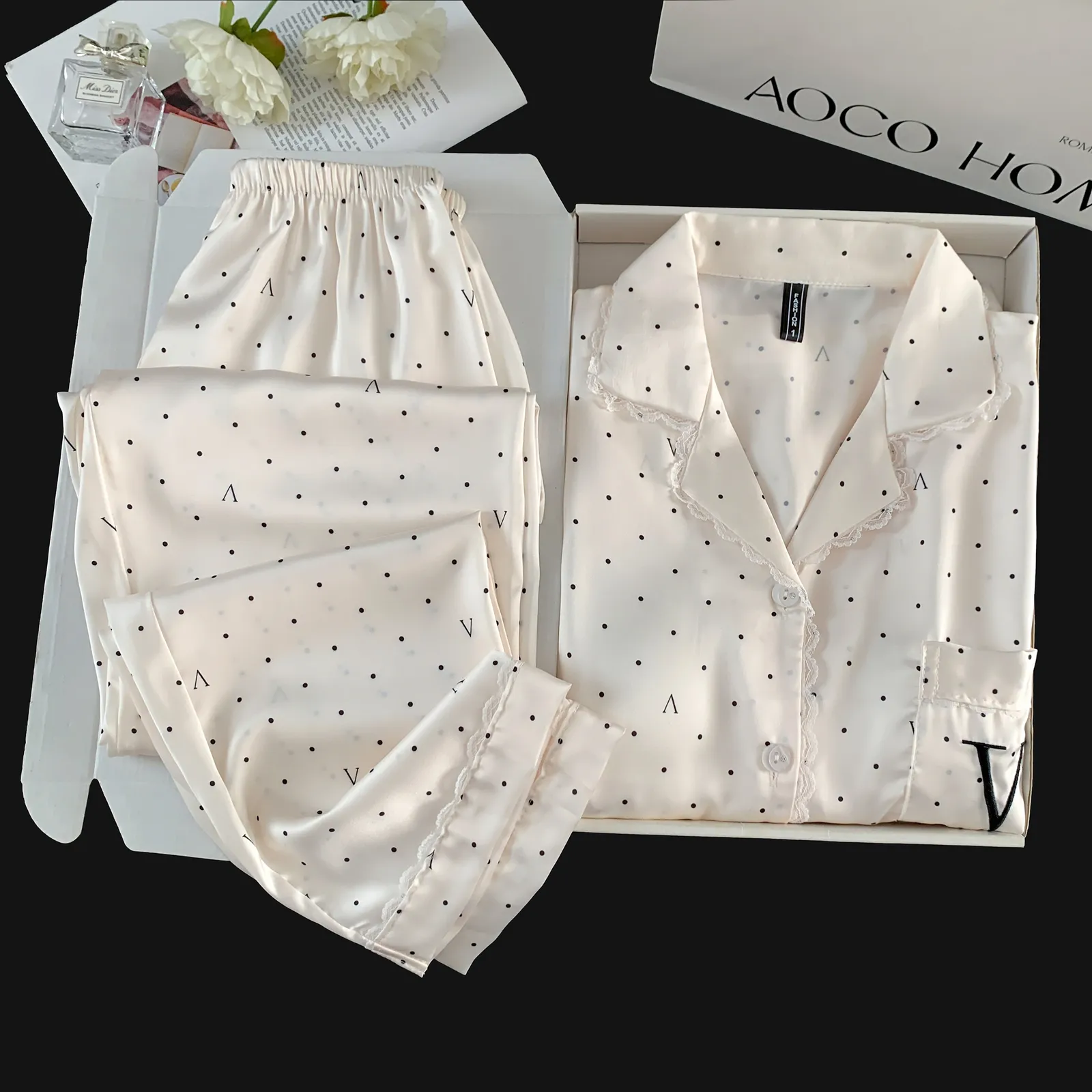 Ice Silk Long-Sleeve Long Pants Pajama Set, Polka Dot V-Neck, Lace Trim, Minimalist Loungewear · Wholesale · OEM · Worldwide Shipping - Detail 12