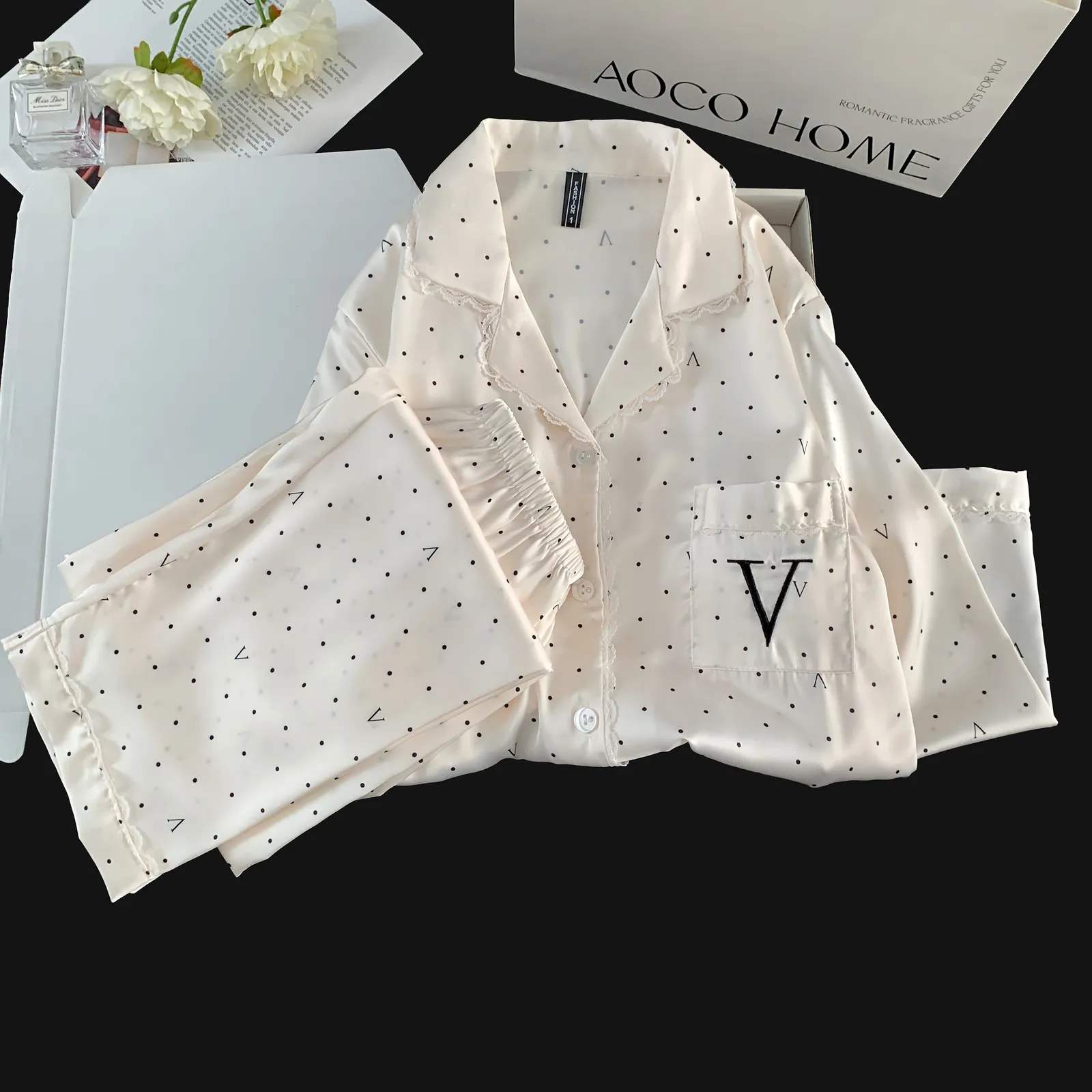 Ice Silk Long-Sleeve Long Pants Pajama Set, Polka Dot V-Neck, Lace Trim, Minimalist Loungewear · Wholesale · OEM · Worldwide Shipping - Detail 5