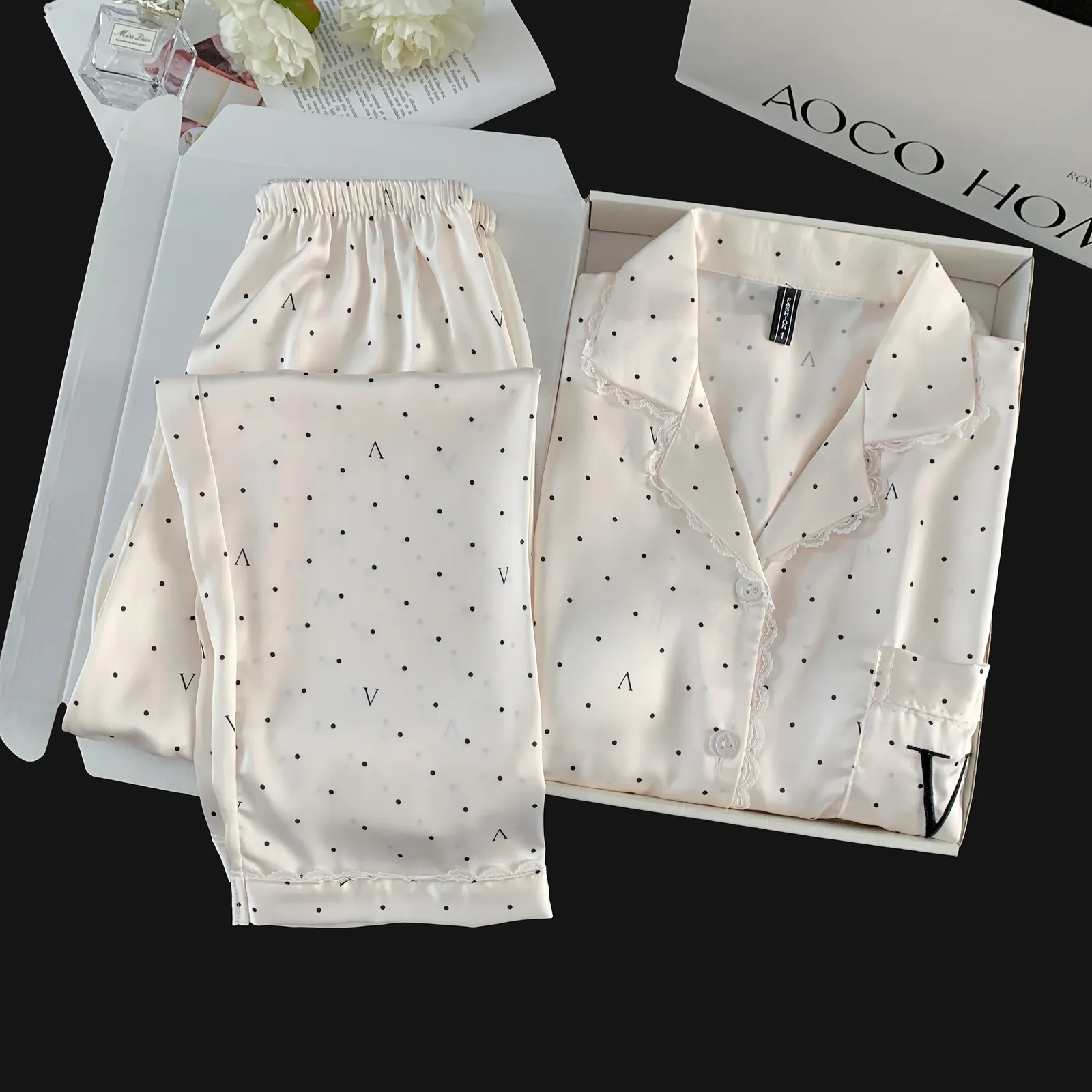 Ice Silk Long-Sleeve Long Pants Pajama Set, Polka Dot V-Neck, Lace Trim, Minimalist Loungewear · Wholesale · OEM · Worldwide Shipping - Detail 10