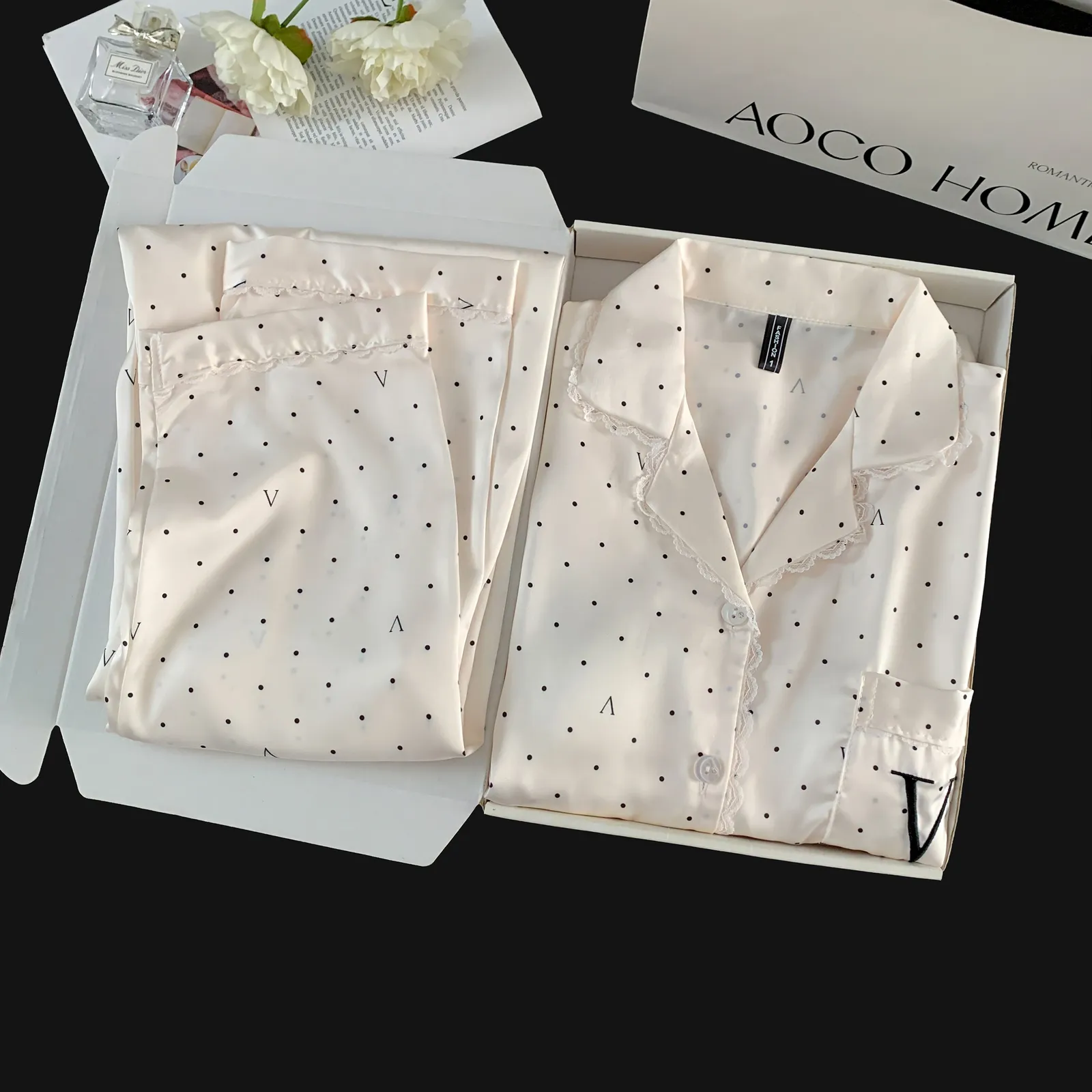 Ice Silk Long-Sleeve Long Pants Pajama Set, Polka Dot V-Neck, Lace Trim, Minimalist Loungewear · Wholesale · OEM · Worldwide Shipping - Detail 8
