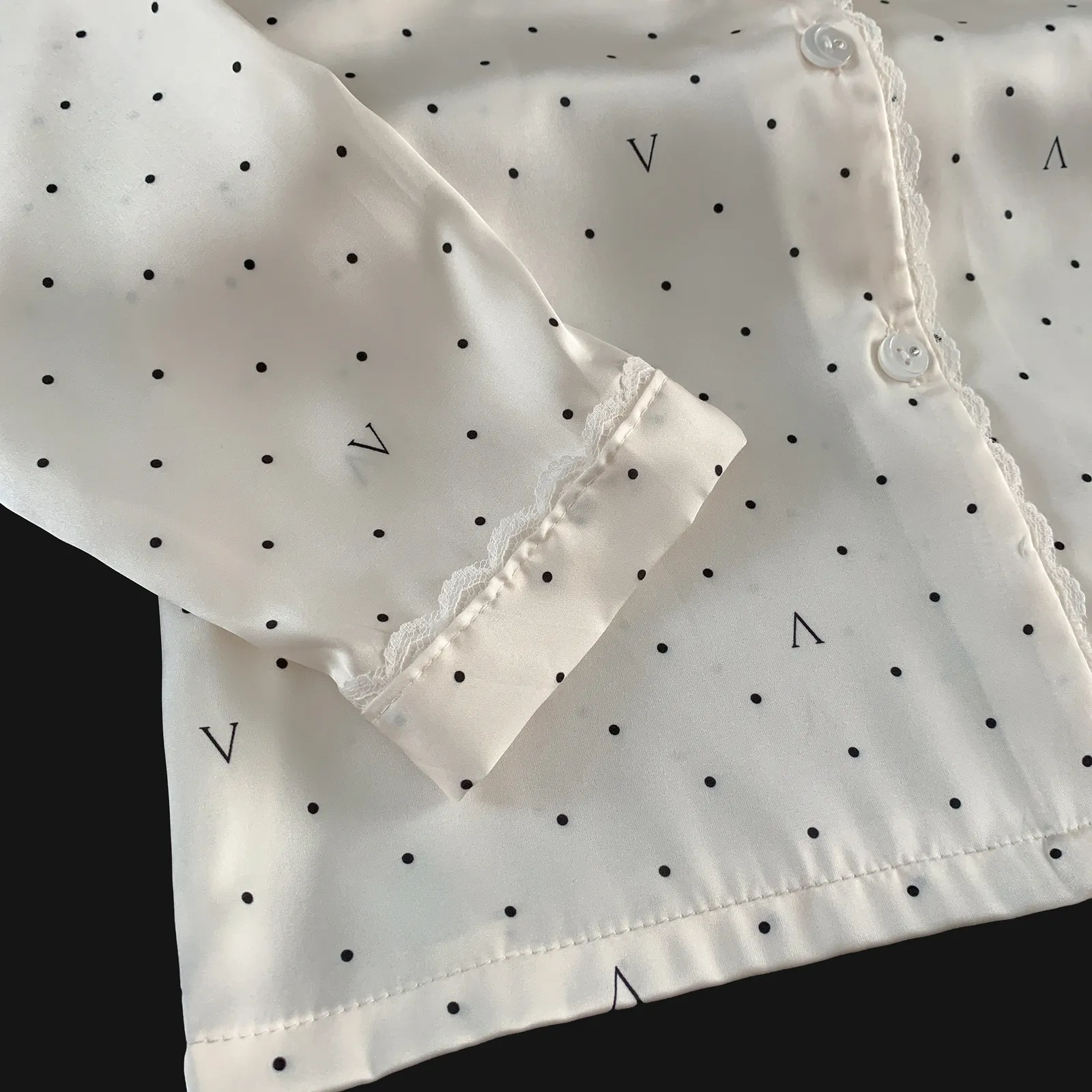 Ice Silk Long-Sleeve Long Pants Pajama Set, Polka Dot V-Neck, Lace Trim, Minimalist Loungewear · Wholesale · OEM · Worldwide Shipping - Detail 4