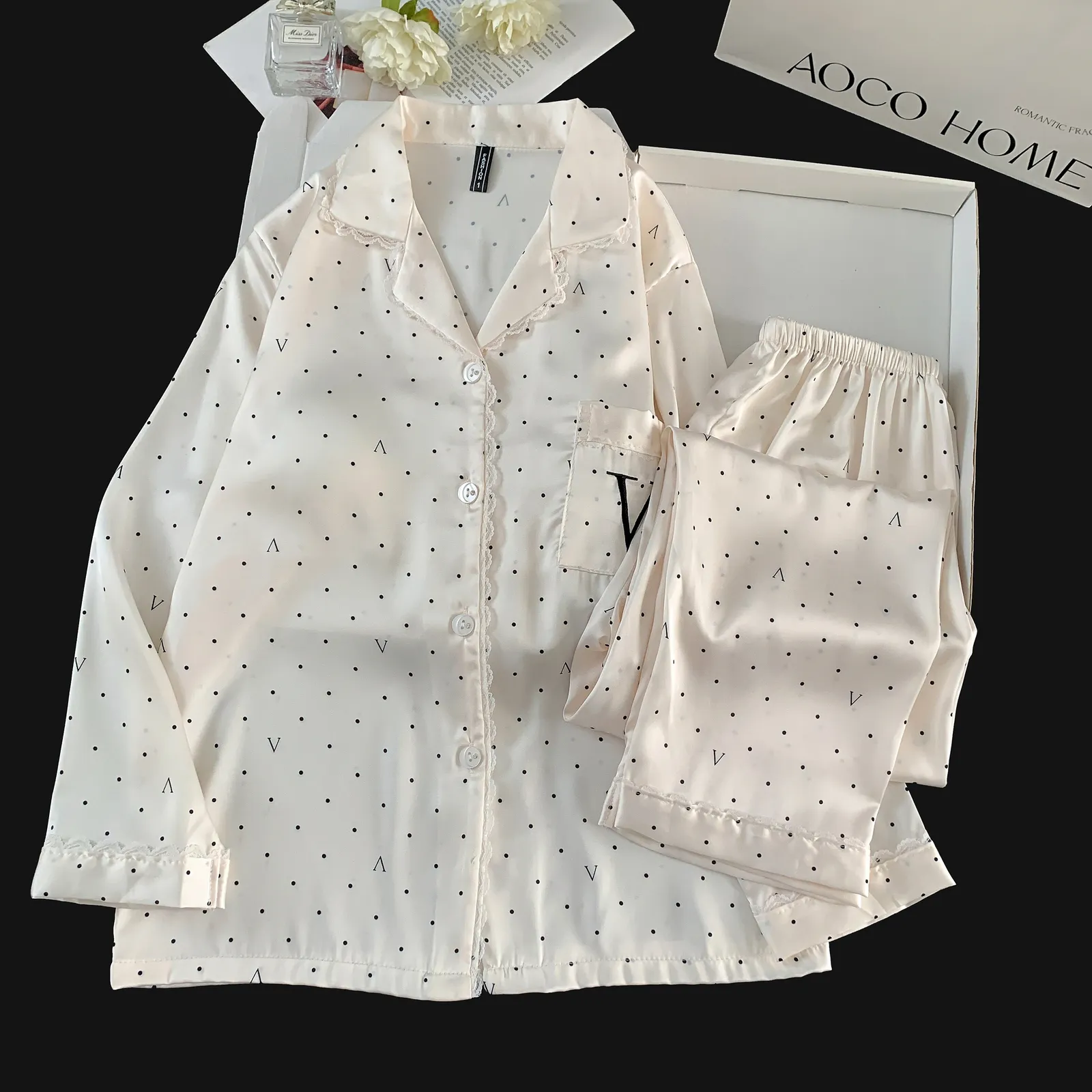 Ice Silk Long-Sleeve Long Pants Pajama Set, Polka Dot V-Neck, Lace Trim, Minimalist Loungewear · Wholesale · OEM · Worldwide Shipping - View 2
