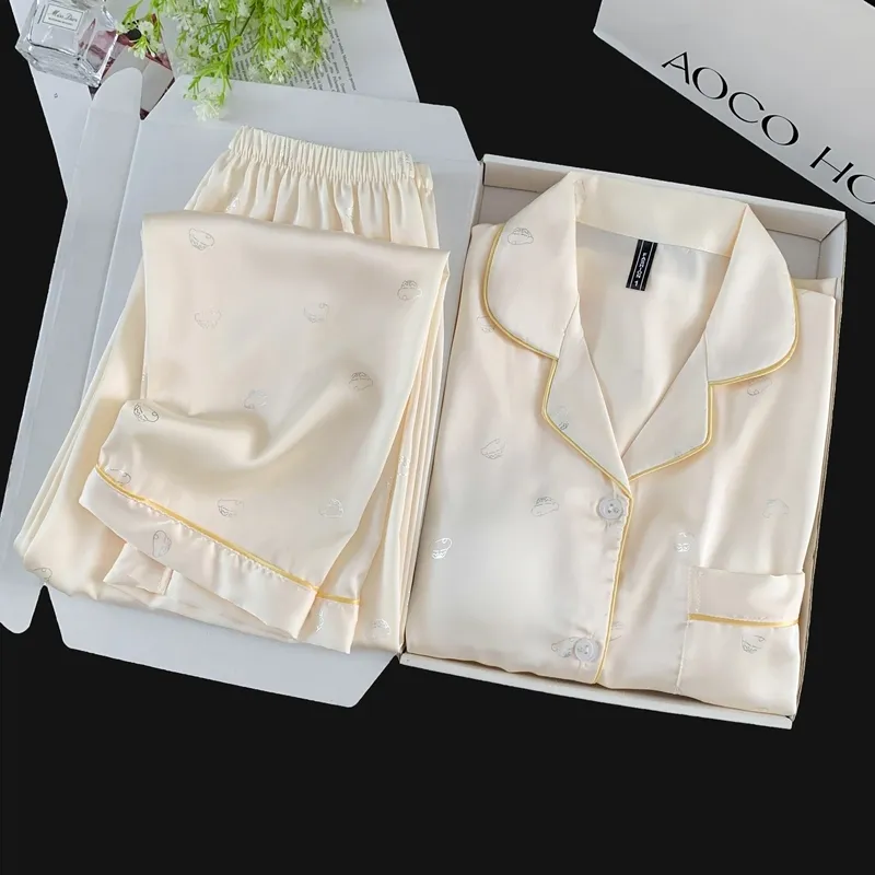 Set Piama Ice Silk Lengan Panjang Celana Panjang, Shinnosuke Cetak Foil Perak, Apricot, Loungewear Minimalis Lucu · Grosir · OEM · Pengiriman Global - Detail 9