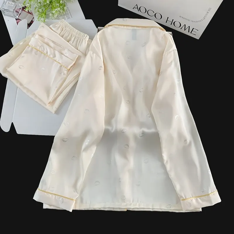 Set Piama Ice Silk Lengan Panjang Celana Panjang, Shinnosuke Cetak Foil Perak, Apricot, Loungewear Minimalis Lucu · Grosir · OEM · Pengiriman Global - Detail 6