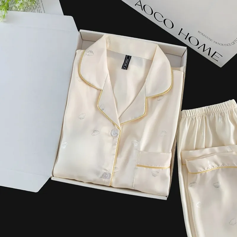 Set Piama Ice Silk Lengan Panjang Celana Panjang, Shinnosuke Cetak Foil Perak, Apricot, Loungewear Minimalis Lucu · Grosir · OEM · Pengiriman Global - Detail 11