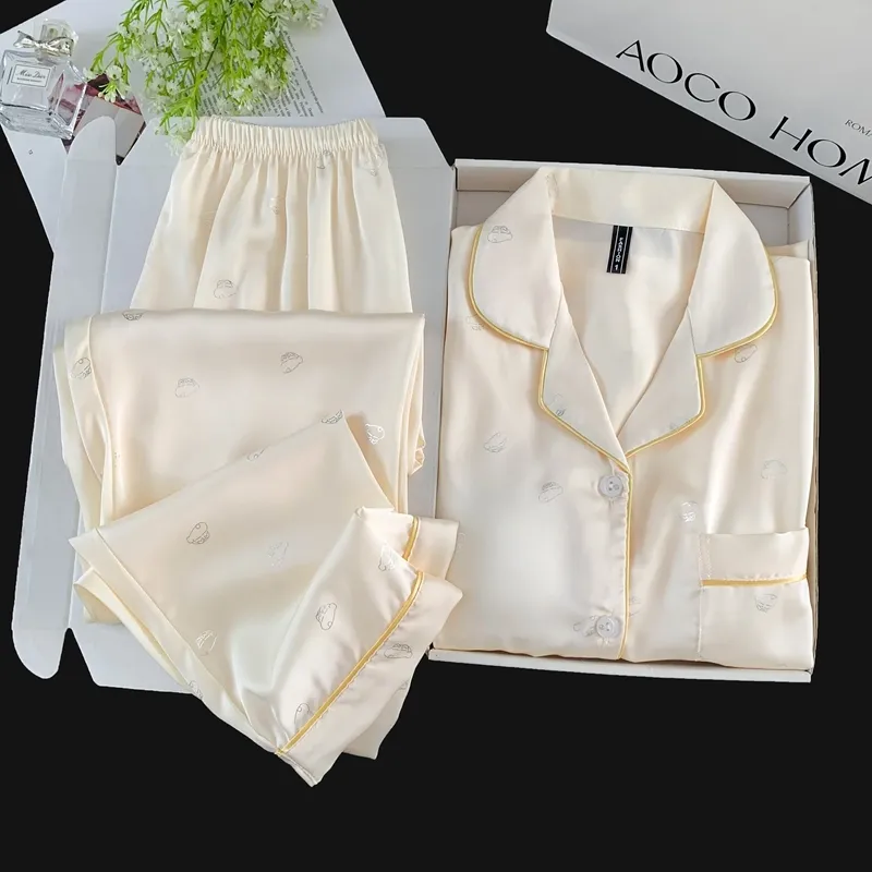 Set Piama Ice Silk Lengan Panjang Celana Panjang, Shinnosuke Cetak Foil Perak, Apricot, Loungewear Minimalis Lucu · Grosir · OEM · Pengiriman Global - Detail 12