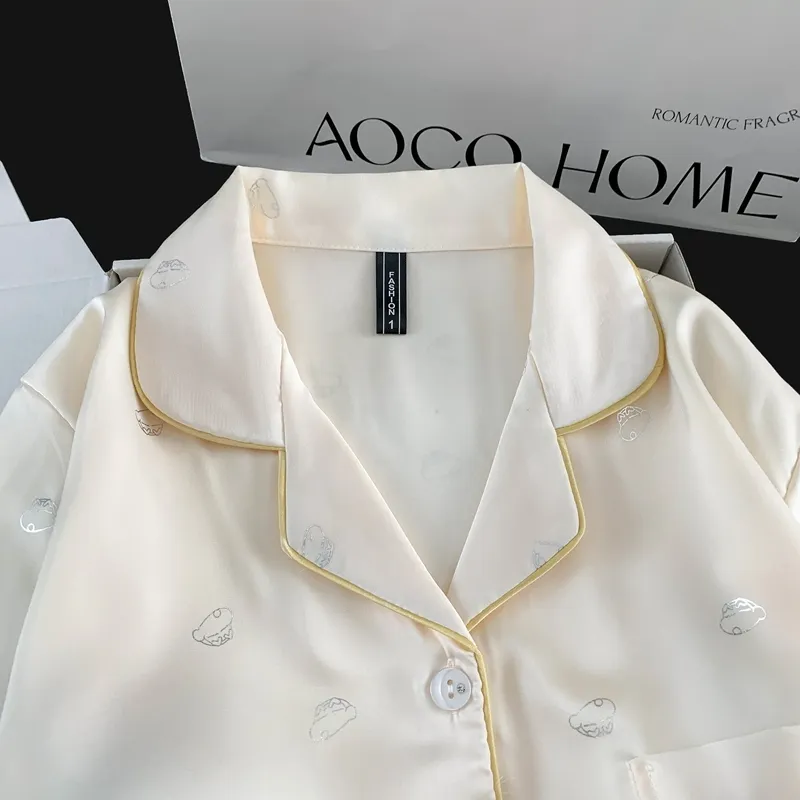 Set Piama Ice Silk Lengan Panjang Celana Panjang, Shinnosuke Cetak Foil Perak, Apricot, Loungewear Minimalis Lucu · Grosir · OEM · Pengiriman Global - View 4