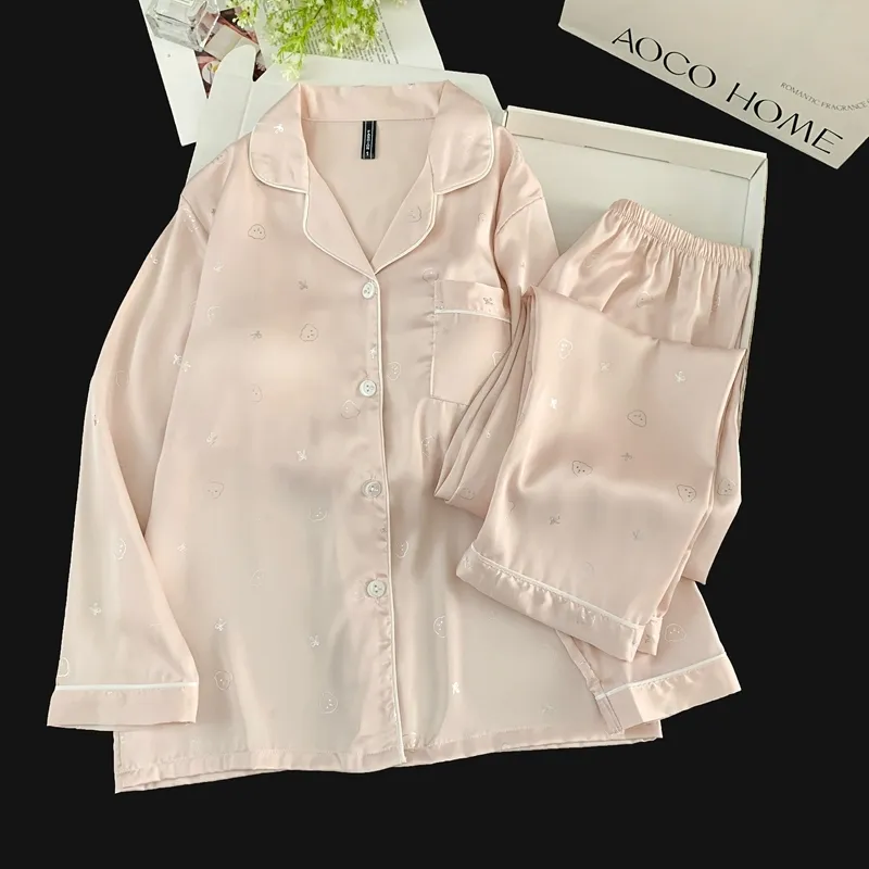 Set Piama Ice Silk Lengan Panjang Celana Panjang, Kepala Beruang Pink, Loungewear Minimalis Lucu · Grosir · OEM · Pengiriman Global - View 2