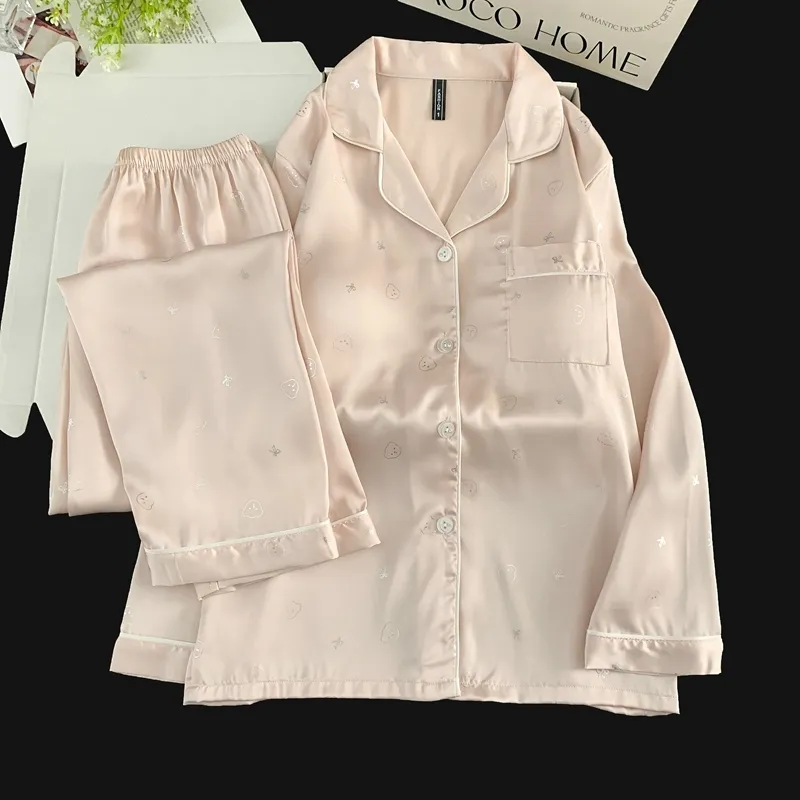 Set Piama Ice Silk Lengan Panjang Celana Panjang, Kepala Beruang Pink, Loungewear Minimalis Lucu · Grosir · OEM · Pengiriman Global - View 3