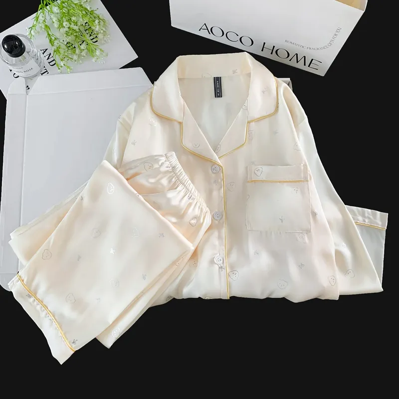 With Chest Pad Ice Silk Long Sleeve Pajamas Women Summer Light Luxury Silver Hotfix Cartoon Long Pants Two Piece Set Homewear Wearable Outside · Wholesale · OEM · Worldwide Shipping - Detail 6