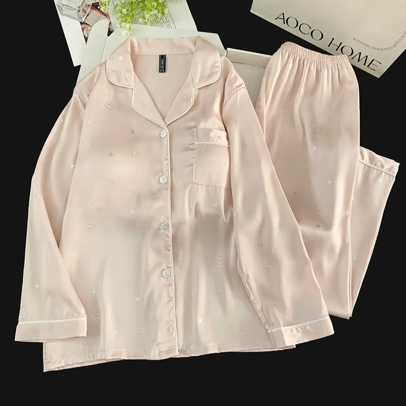 Set Piama Ice Silk Lengan Panjang Celana Panjang, Kepala Beruang Pink, Loungewear Minimalis Lucu · Grosir · OEM · Pengiriman Global - View 1
