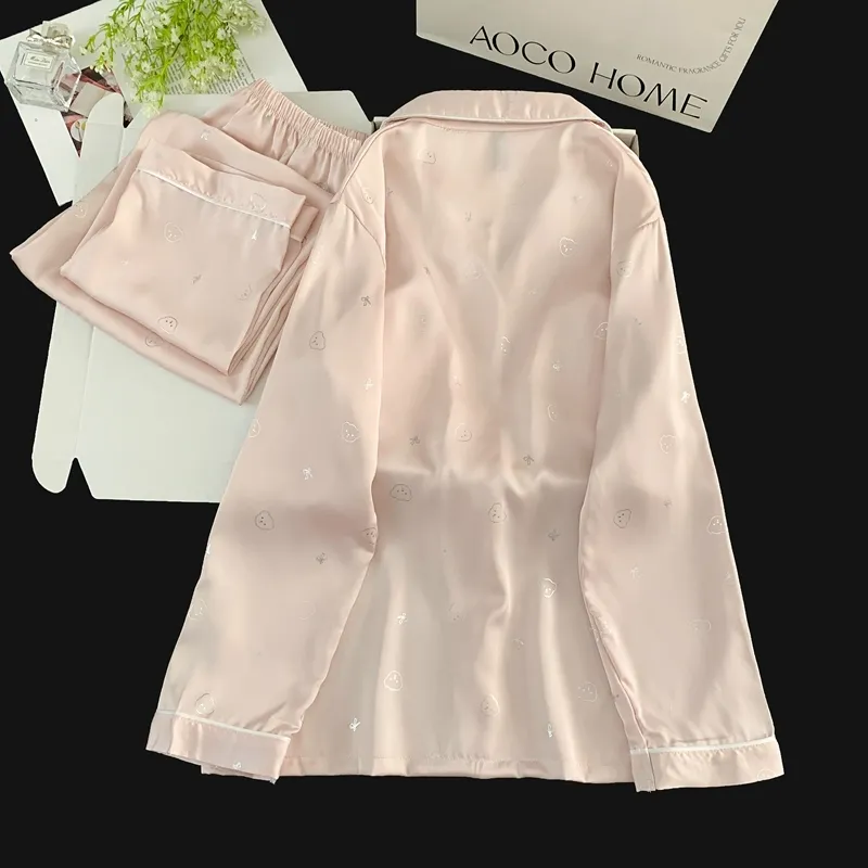 Set Piama Ice Silk Lengan Panjang Celana Panjang, Kepala Beruang Pink, Loungewear Minimalis Lucu · Grosir · OEM · Pengiriman Global - Detail 6