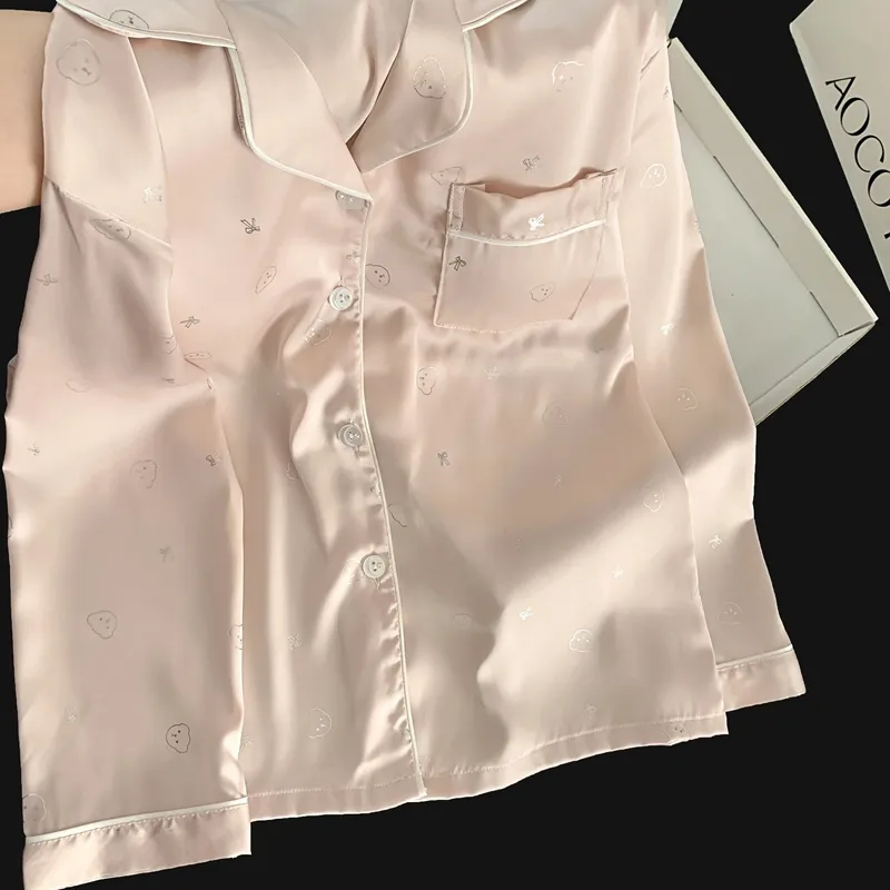 Set Piama Ice Silk Lengan Panjang Celana Panjang, Kepala Beruang Pink, Loungewear Minimalis Lucu · Grosir · OEM · Pengiriman Global - Detail 7
