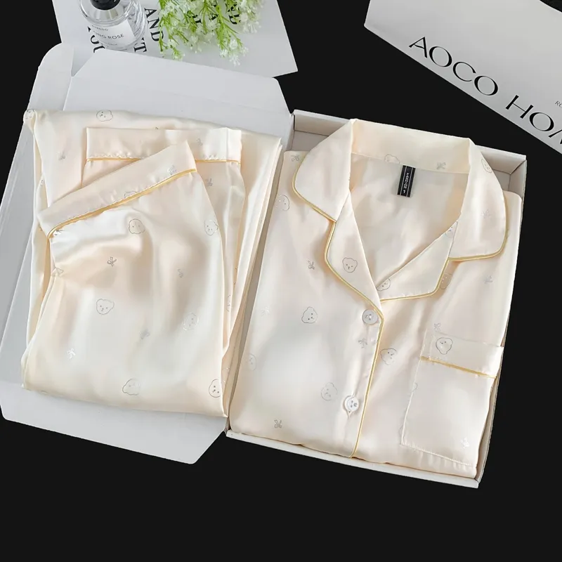 With Chest Pad Ice Silk Long Sleeve Pajamas Women Summer Light Luxury Silver Hotfix Cartoon Long Pants Two Piece Set Homewear Wearable Outside · Wholesale · OEM · Worldwide Shipping - Detail 8